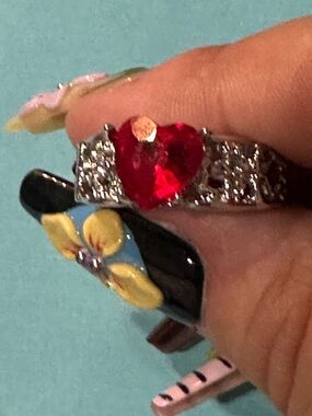Heart Ruby Red Crystal Ring in Silver Tone